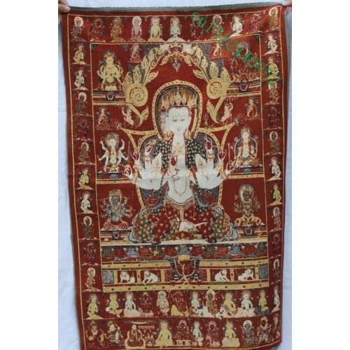 36 inch Tibet Buddhism Silk embroidery 3 Head 8 Arms Buddha Thangka Painting Mural