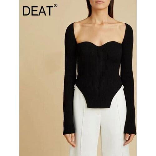 DEAT 2021 New Autumn Winter Sexy Stylish Sqaure Collar Full Sleeves Knitting Pullover Slim T-shirt Female Top WK08001L