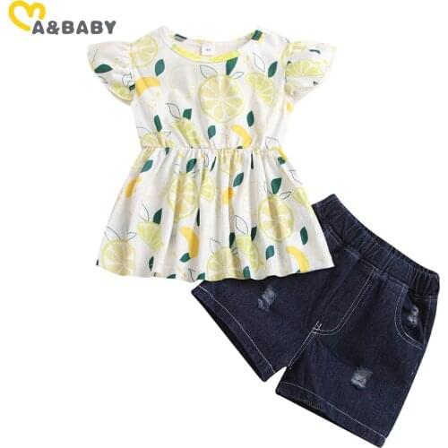 Ma&Baby 1-6Y Summer Kid Children Baby Girl Clothes Set Lemon Print T shirt Denim Shorts Jeans Casual Outfits Costumes