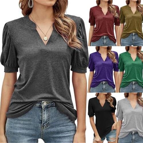 2021 Summer New V-Neck Short Sleeved T-Shirt Casual Loose Top Solid Color Simple Fashion Womens Clothing Chemisier Femme