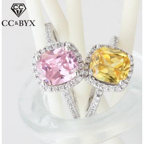 CC Rings For Women 925 Silver Bridal Wedding Cubic Zirconia Rectangle Pink/Yellow Stone Engagement Ring Bijoux Femme CC596