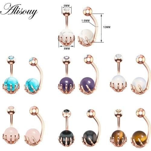 Alisouy 1PC 14G Stainless Steel Belly Ring Pink Blue Opal Navel Piercing Zircon 5/10mm Ball Piercing Jewelry belly button rings