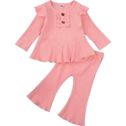 2Pcs Newborn Baby Girls Solid Ribbed Sets Long Sleeve O Neck Ruffle Tops Flare Pants Infant Toddler Autumn Outfits 0-24M