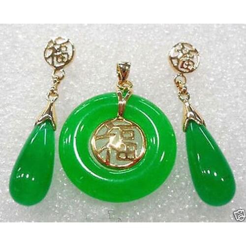 Prett Lovely Womens Wedding Green gem Fortune Round Pendant Necklace Drop Earrings Set 5.23