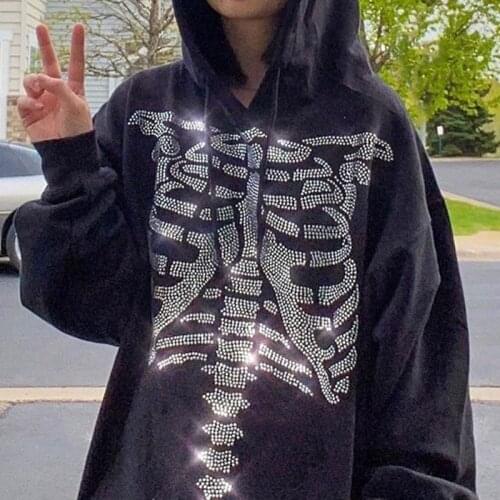 Zip-up Y2K Harajuku korean style loose skull print Goth Grunge long sleeve hooded jacket solid color shirt Autumn Sweatshirts