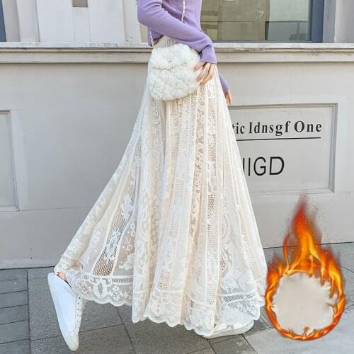 Limiguyue High Waist Women Skirt Lace Jacquard Midi Skirt female elastic waist skirts apricot black Lady jupe longue femme K230