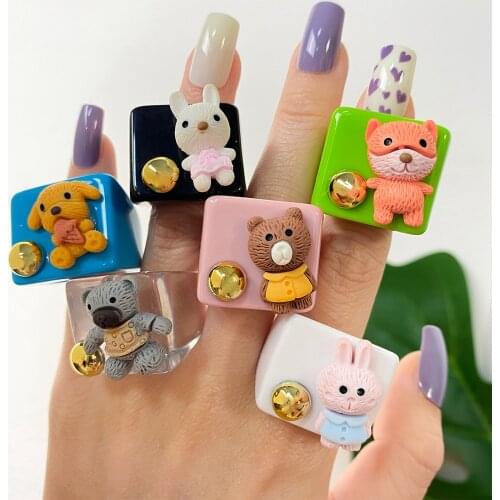 KISS WIFE Cute Rabbit Bear Colorful Resin Rings For Women Large Heart Love Couple rings 2021 Trend Fashion Jewelry Friend Gifts