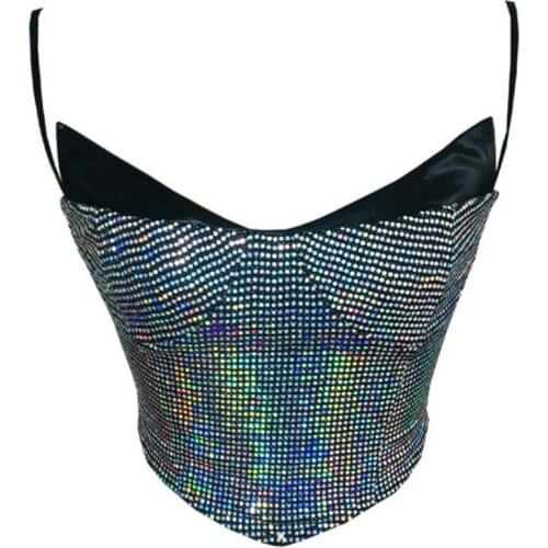 Fashion Laser Silver Camisole Womens Sequined Backless Slim Sexy Camis Sleeveless Cropped Top Tube Top Nightclub Black Tanks