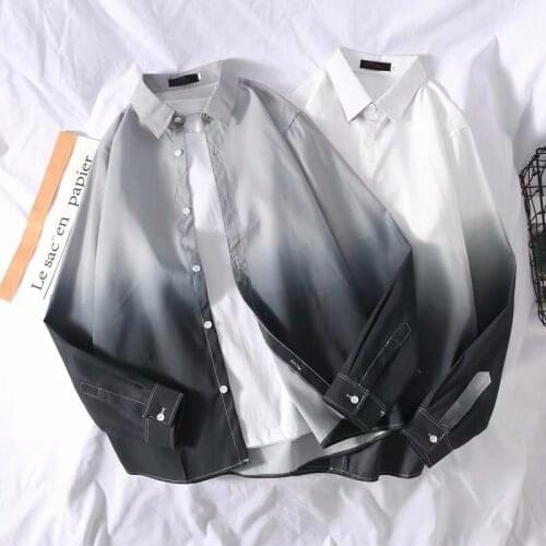 Shirts For Men Korean Clothes Men Oversized Gradient Button Up Shirt Streetwear Harajuku Long Sleeve Loose White Gray Casual