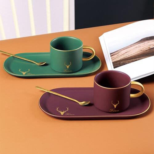 European Luxurious Gold Rim Ceramics Coffee Cups And Saucers Spoon Sets With Gift Box Tea Soy Milk Breakfast Mugs Dessert Plate