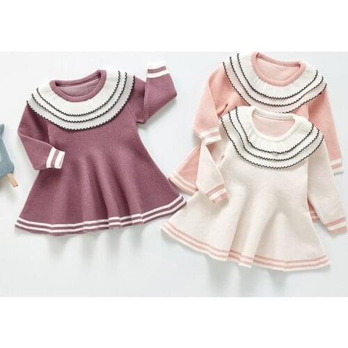 New 2021 Spring Autumn Kids Girls Pure Color Dresses For Girls Dresses Kids Girl Dress Long Sleeve Knitting Dress 0-3Yrs