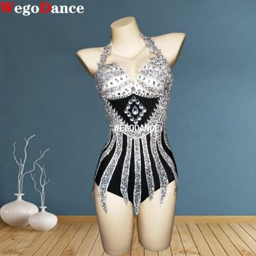 New Sexy Silver Rhinestone Bodysuit Fringe Gloves Outfit Women Dancer Prom Leotard Birthday Costume Show Set