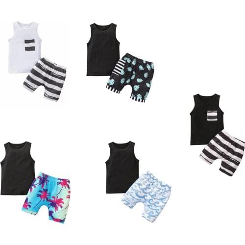 Boy’s Vest and Shorts Suit Fashion Pocket Tops and Stripe Short Pants/Solid Color Tops and Printed Short Pants