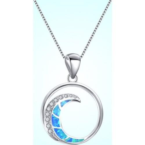Cute Blue Imitation Opal Moon Pendant Necklace Enamel Crystal Chain Necklace Women Wedding Party Boho Jewelry Mothers Day Gift