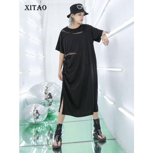 [XITAO] New Women Korea Fashion 2019 Summer O-neck Short Sleeve Loose Dress Female Pleated Solid Color Mid-calf Dress XJ1530
