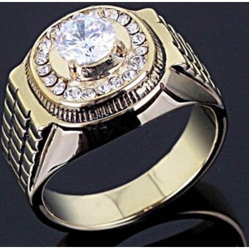 Ofertas Popular Micro Pave Zircon Iced Out Geometric Watch Gold Color Ring Filled Alloy Rings for Men Jewelry