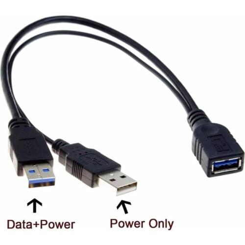 Black USB 3.0 Female to Dual USB Male Extra Power Data Y Extension Cable for 2.5" Mobile Hard Disk
