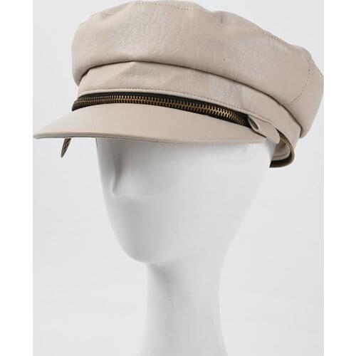 Octagonal Hat Autumn Winter PU Leather NAVY Cap Womens Fashion Personalized Zipper Removable Brim Flat Top Duck Tongue Hat