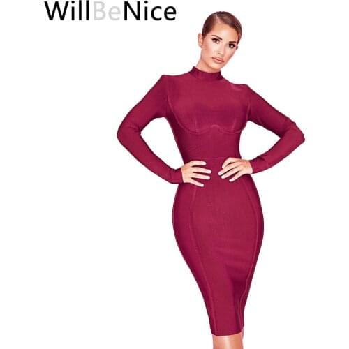 WillBeNice 2019 Autumn Winter Women Wine Red Long Sleeve High Neck Celebrity Party Dress Bodycon Bandage Dress Sexy Club Dress