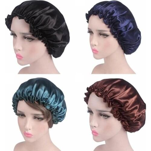Women Elastic Satin Lace Solid Color Night Sleep Hat Chemotherapy Hair Care Cap