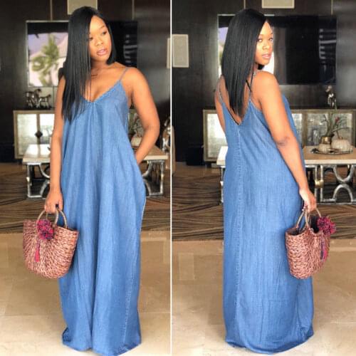 Women Lady Boho Backelss Summer Long Denim Maxi Suit