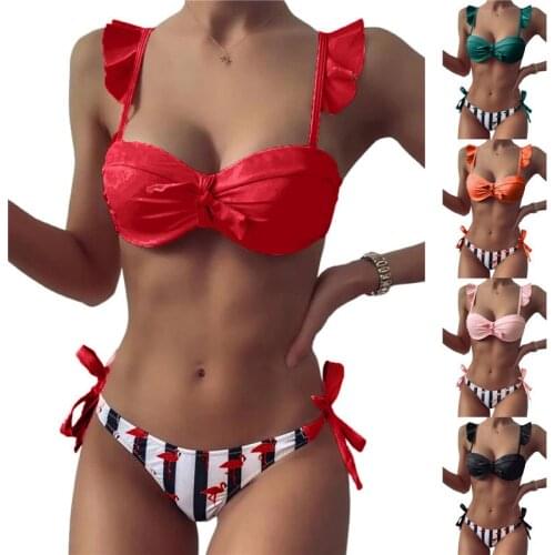 Women 2pcs Bikini Set 2021 Fashion Ruffle Sleeve Tie Knot Crop Tops Striped Bikini Set Summer Beach Swimsuit For Women