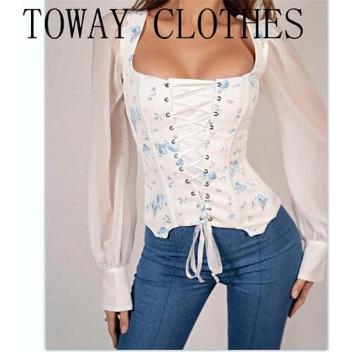 Summer Women Square Neck Long Sleeve Sheer Mesh Floral Print Eyelet Lace Up Top