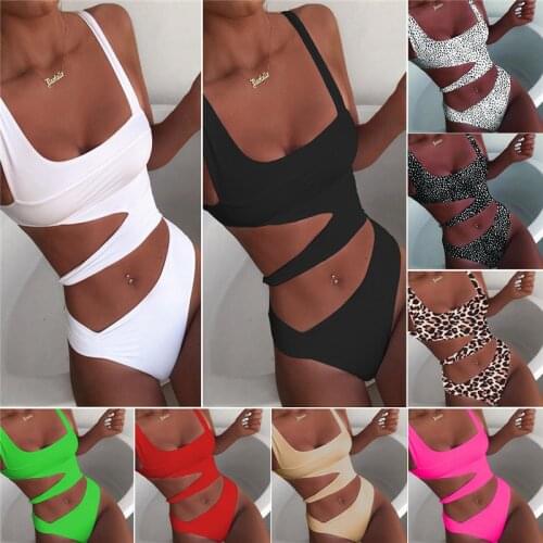 2021 Women Sexy Bandage One Piece Cutout Plunge Monokini Swimsuit Solid White Black Red Female Sexy Navel Bathing Suit Beachwear