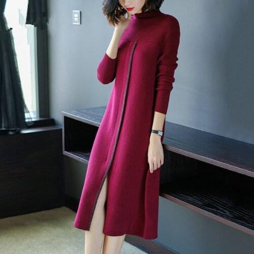 Autumn Winter Solid Knitted Sweater Dresses Women Fashion Loose Stand Collar Long Sleeve Dress Female New Design Split Dress