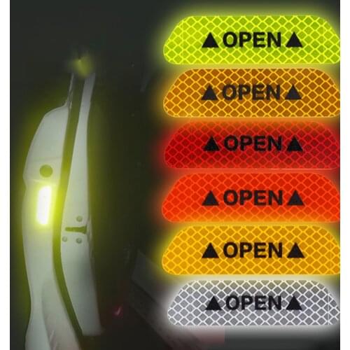 4PC Car Door Stickers Fluorescent Car Reflective Strips Warning Mark OPEN Universal Safety Auto Exterior Motorcycle Bike Sticker