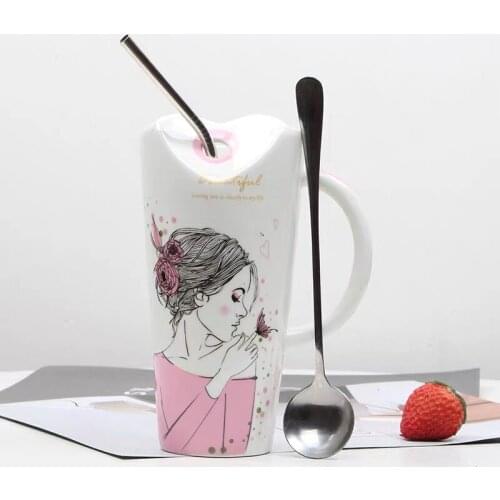 Creative Cute Girl Pattern Ceramic Teacup Porcelain Coffee Mug with Straw Women Home Office Milk Tea Juice Cups Birthday Gift