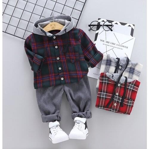 PatPat 2pcs Plaid Print Hooded Long-sleeve Baby Set