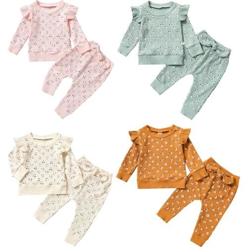 2Pcs Children Autumn Tracksuit, Floral Ruffled Long Sleeves Pullover + Bowknot Pants for Girls, 6 Months to 4 Years