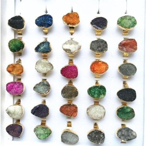 Natural Stone mixed color natural stone crystal cluster natural stone gold ring wedding dance ring7pcs wholesale