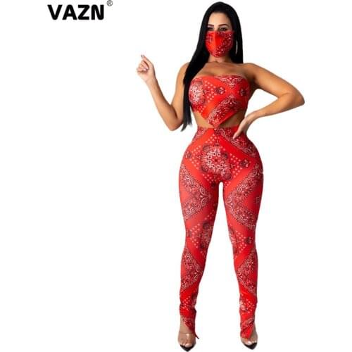 VAZN 2020 Red New Design O-Neck Print Two Piece Set Summer Beach 2 Piece Set Women Sleeveless Full Pant Comfortable Sets