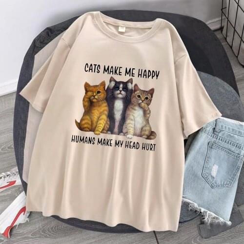 Creativity cats make me happy print womens Tshirt Cartoon soft t shirt sports Breathable top Travering summer Female T-shirt