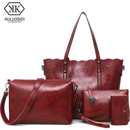 KULUOSIDI Brand Luxury Purse And Handbag Women Composite Bag Hollow Out Female Large Capacity Tote Bag Pu Shoulder Bags 4pcs Set
