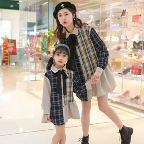Fashion Mother Daughter Shirt Dress Spring Autumn Long Sleeve Plaid Pleated Dresses Women Girls Family Matching Clothes
