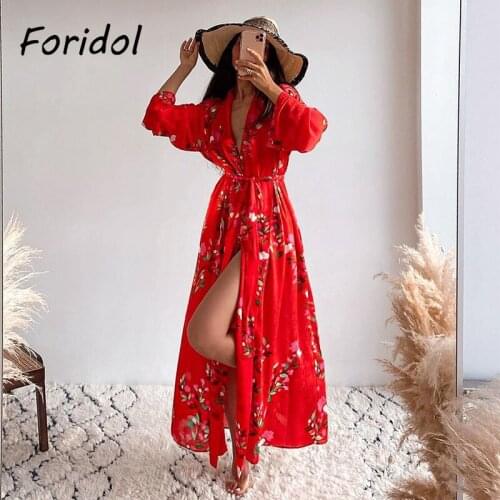 Foridol Belt Lace Up Shirt Dress Maix Long Dress Casual Floral Print Boho Red Party Dress Long Sleeve Kimono Vestidos De Fiesta