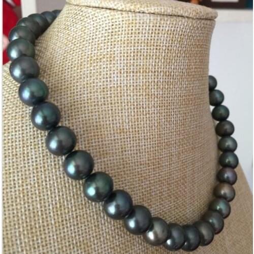9-10mm stunning tahitian black gren pearl necklace 18inch 925silver