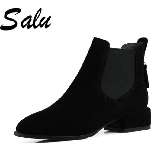 Salu Fashion Women Ankle Boots Female Thick Heel Shoes Woman Ladies Cow Suede Ladies Boots Sexy Pointed Toe Basic Boots