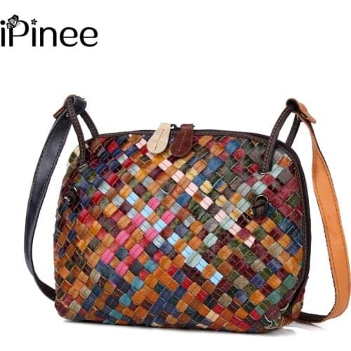 IPinee Women Bag Colourful Purse Weave Crossbody Genuine Leather Shoulder Zip Bag Designer Vintage Ladies Handbags