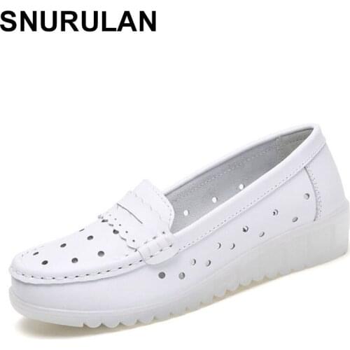 SNURULAN Ladies Shoes Genuine Leather Slip-On Flat Shoes Women Soft Comfortable Sneakers Women Work Nurse Non-slip Summer Hole