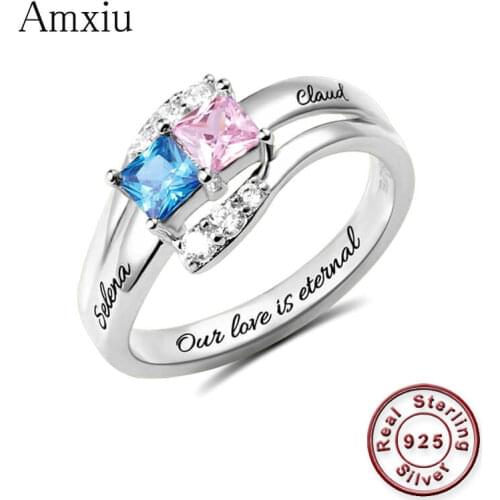Amxiu Customize Name Ring 925 Sterling Silver Jewelry DIY Two Names Rings With Birthstones Wedding Ring Personalized Women Ring