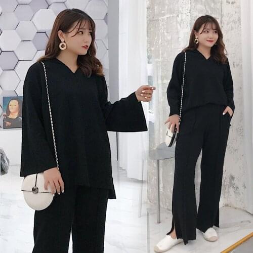 130Kg Large Plus Size 4Xl Women Spring Fall Black Knitting Sets Female Korean Hooded Tops Wide Leg Pants Loose Casual Twinsets