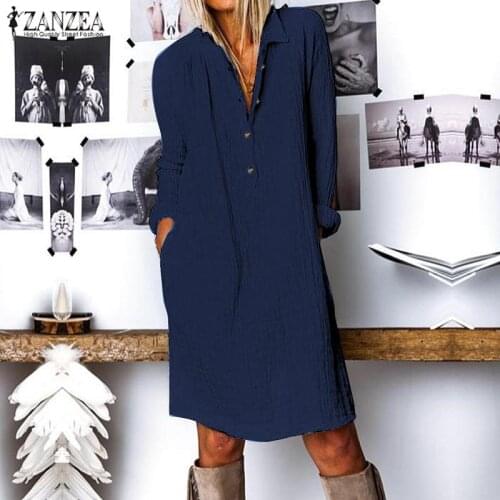 2021 ZANZEA Elegant V Neck Shirt Dress Womens Autumn Sundress Casual Long Sleeve Knee Length Vestidos Female Button Tunic Robe