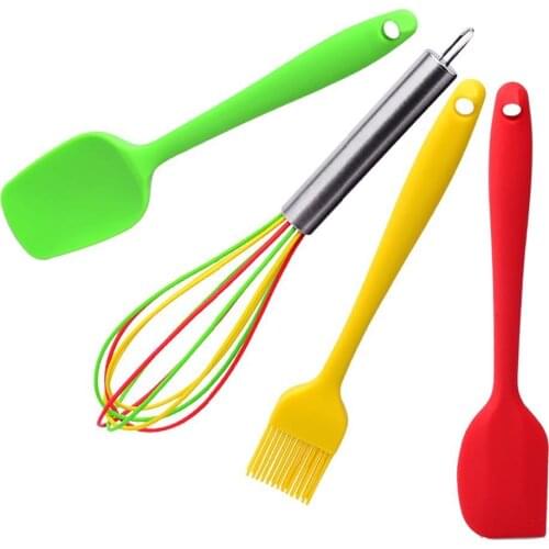4pcs/set Silicone Kitchen Utensils Set in Hygienic Solid Coating-Mini Spatula, Spoon, Basting Brush Set, Colorful Balloon Whisk