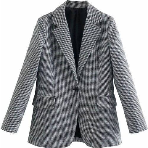 BBWM 2021 Women Elegant Houndstooth Long Sleeve Suit Female Vintage Office Lady Single Button Blazer Casual Fashion Top
