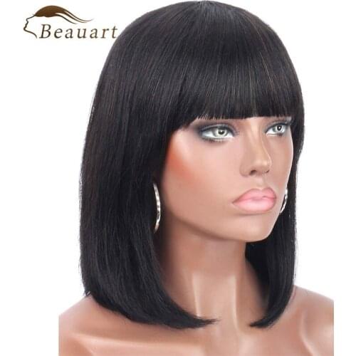 Beauart 100% Human Hair Bob Cut Full Wigs For Women 12"Short Bob Wig With Bangs Black Straight Real Hair Mchine Wig