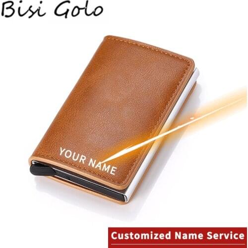 BISI GORO Laser Engraving Wallet 2020 New Aluminum Alloy Rfid Anti-Theft Pu Leather Mens Wallet Card Holder Bank Card Wallet